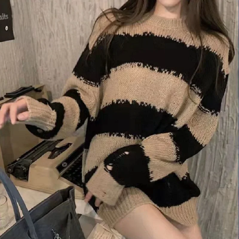 Woman's Sweater Lady Basics Striped Pattern Knit Ins O-Neck Pullover StreetWear Vintage Loose-Fitting Casual Chic Hollow-Out