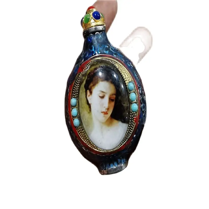 China Old Beijing Used Old Snuff Bottle Tibetan Silver Inlaid Turquoise Beauty Snuff Bottle