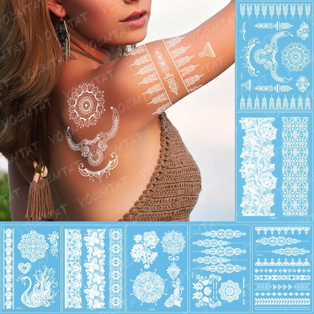 

1PC Fashion Flash Waterproof Tattoo Women White Ink Henna Tatto Jewel Lace Flower Bride Tatoo Mandala Temporary Tattoo Sticker