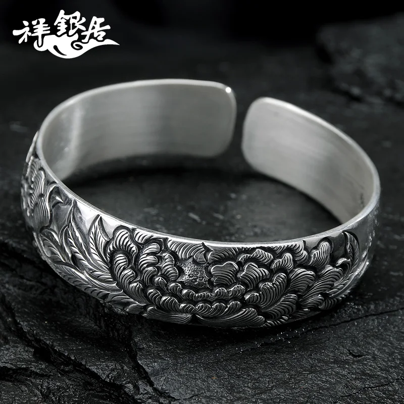 

★sterling silver bracelet in the riches and honor peony width opening anaglyph silver bracelet restoring ancient ways