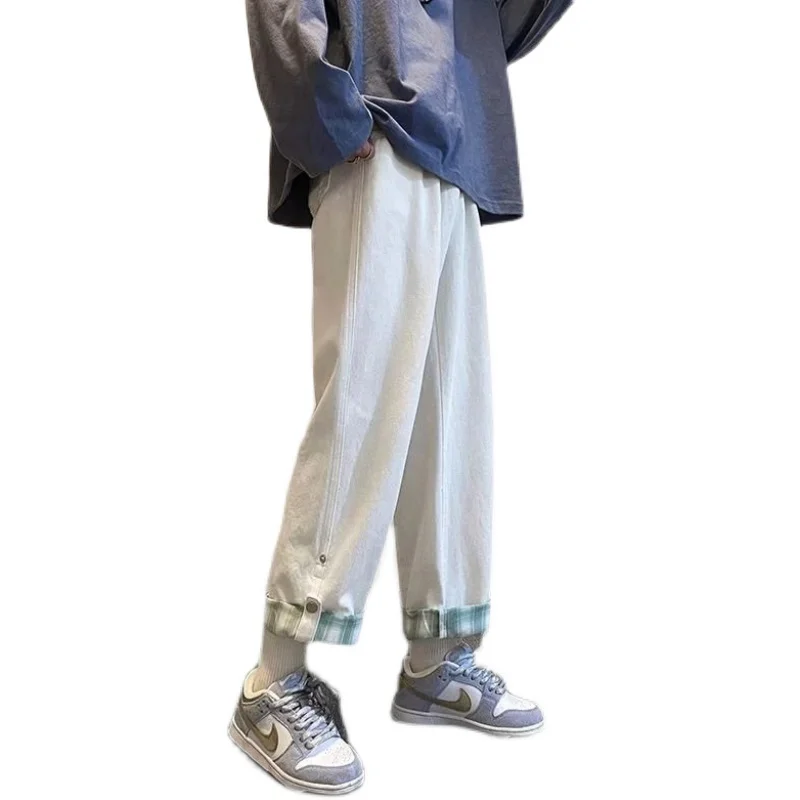 Loose straight jeans men's spring and autumn new fashion brand ins loose and versatile snap buckle Plaid hem nine point pants