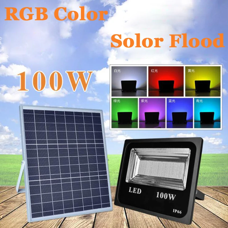 10PCS 50W 100W LED Solar Flood Light RGB Colorful Outdoor Floodlight Garden Wall Solar Powered LED Flood Light Remote Controller