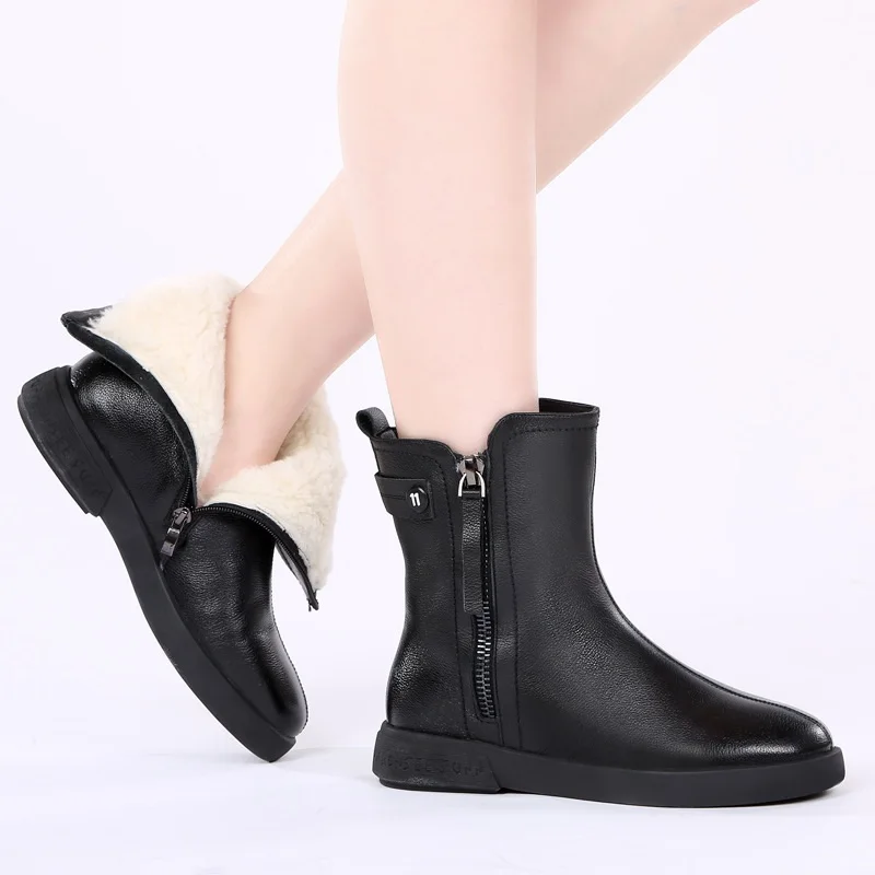 DRKANOL New Winter Snow Boots Women Warm Wool Fur Shoes Fashion Genuine Leather Flat Non-slip Waterproof Women Mid Calf Boots