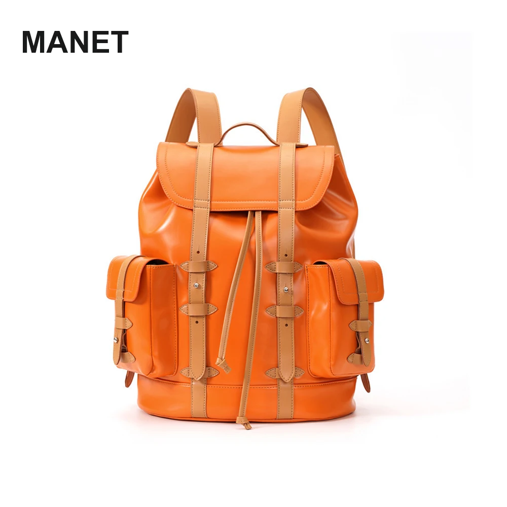 Orange Leather Outdoor Bag for Men Large Capacity 19.6\'\' Laptop Backpack School Male Female Retro Designer Bag Travle Mochila