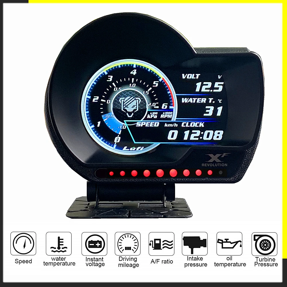 

LUFI XF English Version OBD2 digital turbo boost oil pressure temperature gauge for car Afr RPM Fuel level Speed EXT Oil Meter