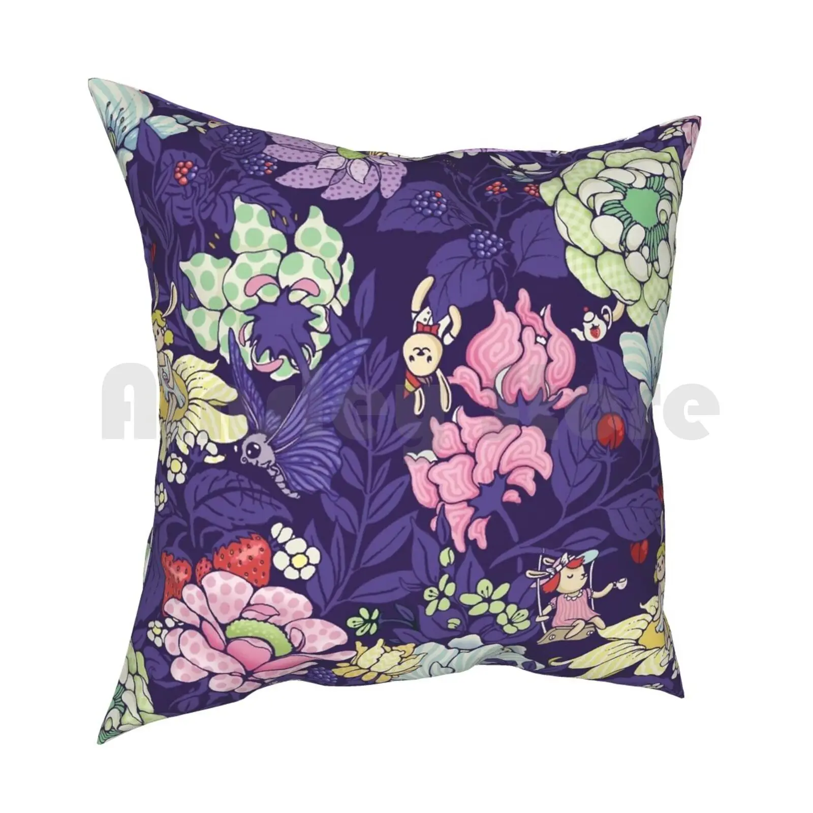 The Garden Party-Blueberry Tea Version Pillow Case Printed Home Soft Throw Pillow Bunny Rabbit Kids Cute Garden Flower