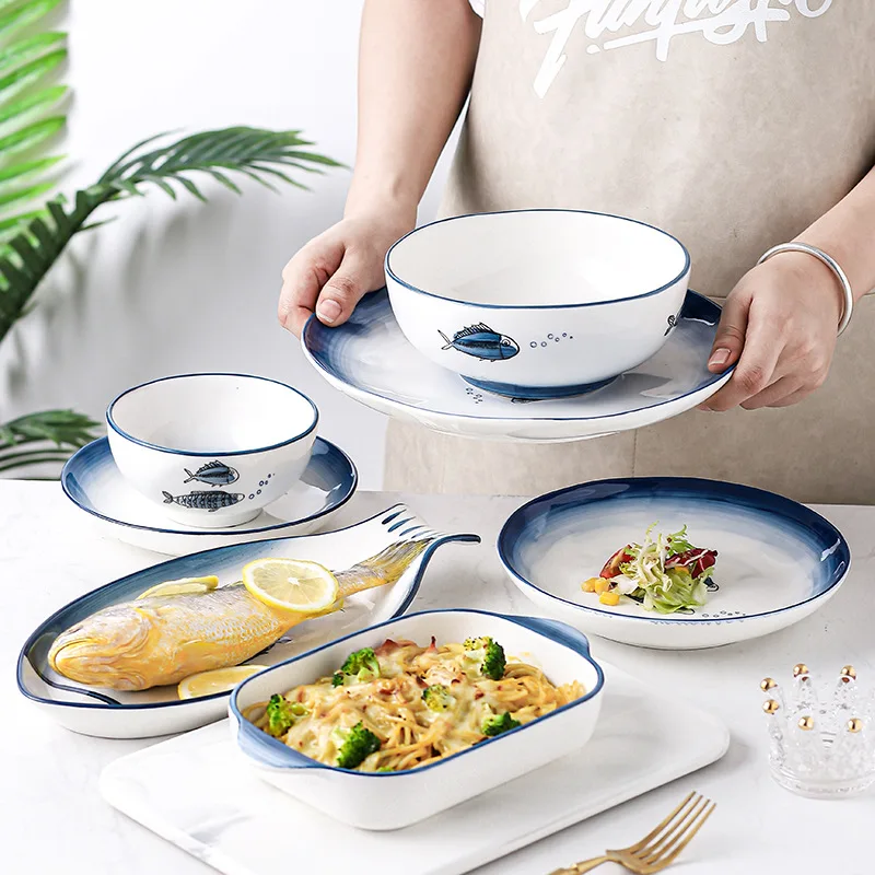 Japanese-style Ceramic Plate Household Breakfast Bowl Creative Dessert Salad Dish Hand-painted Cartoon Fish Shape Tableware