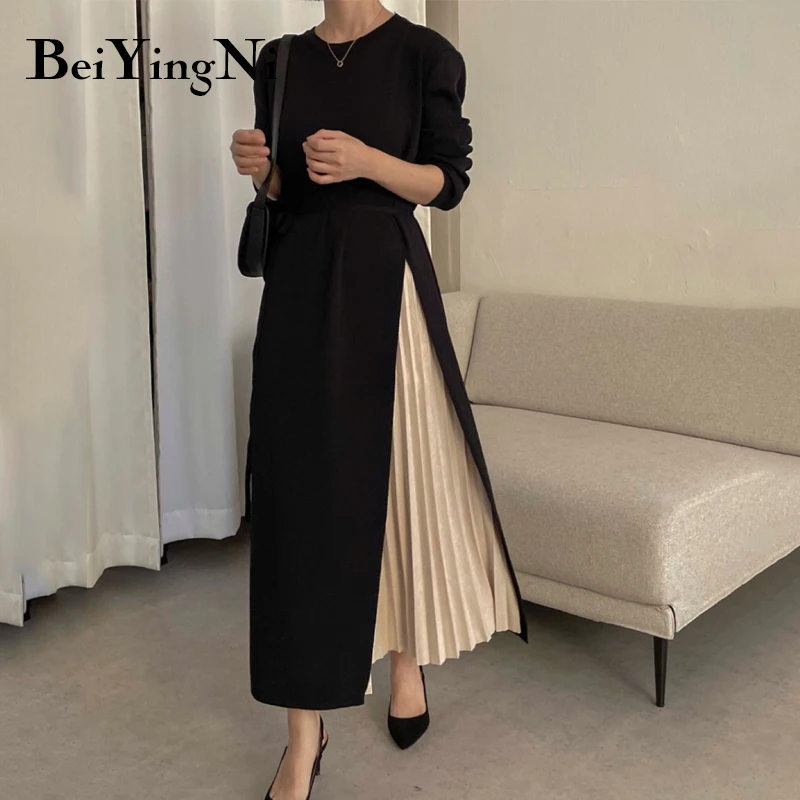 Beiyingni Stylish French Midi Dress for Women Patchwork Belted Casual Long Sleeve Knitted Women\'s Pleated Dress Sweater Dresses