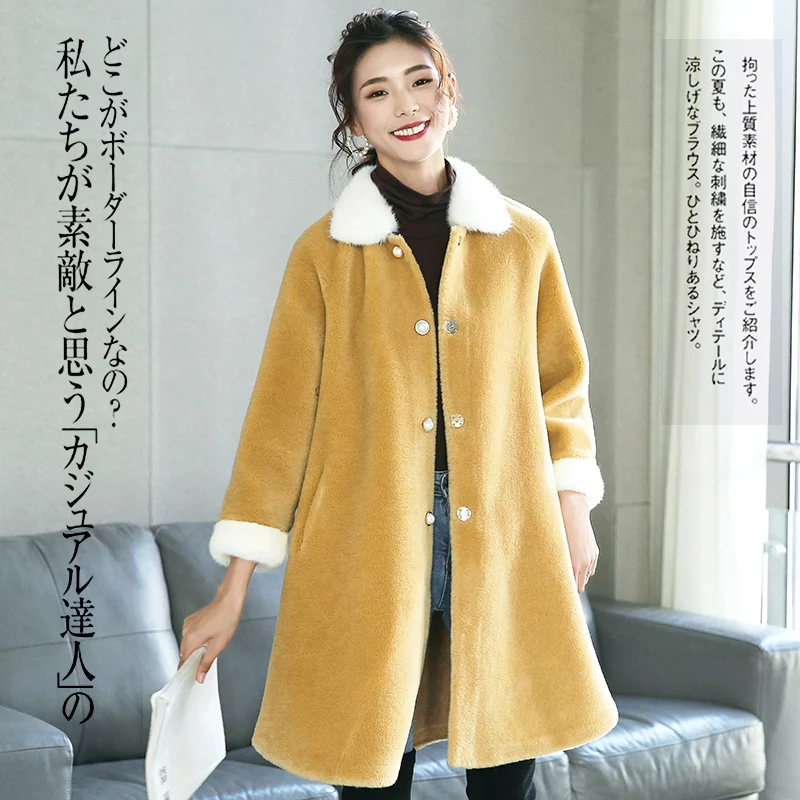 

2020 Natural Sheep Shearing Fur Coat With Real Mink Fur Collar Winter Jacket Women Long Warm Overcoat casaco feminino LX2529