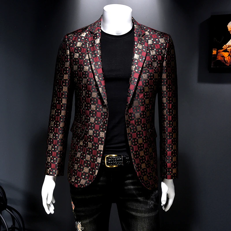 2021 Autumn New Slim Fit Blazer Men Lattice Stage Casual Suit Coats Silver Burgundy Green Men Groom Wedding Suit Lattice Blazer