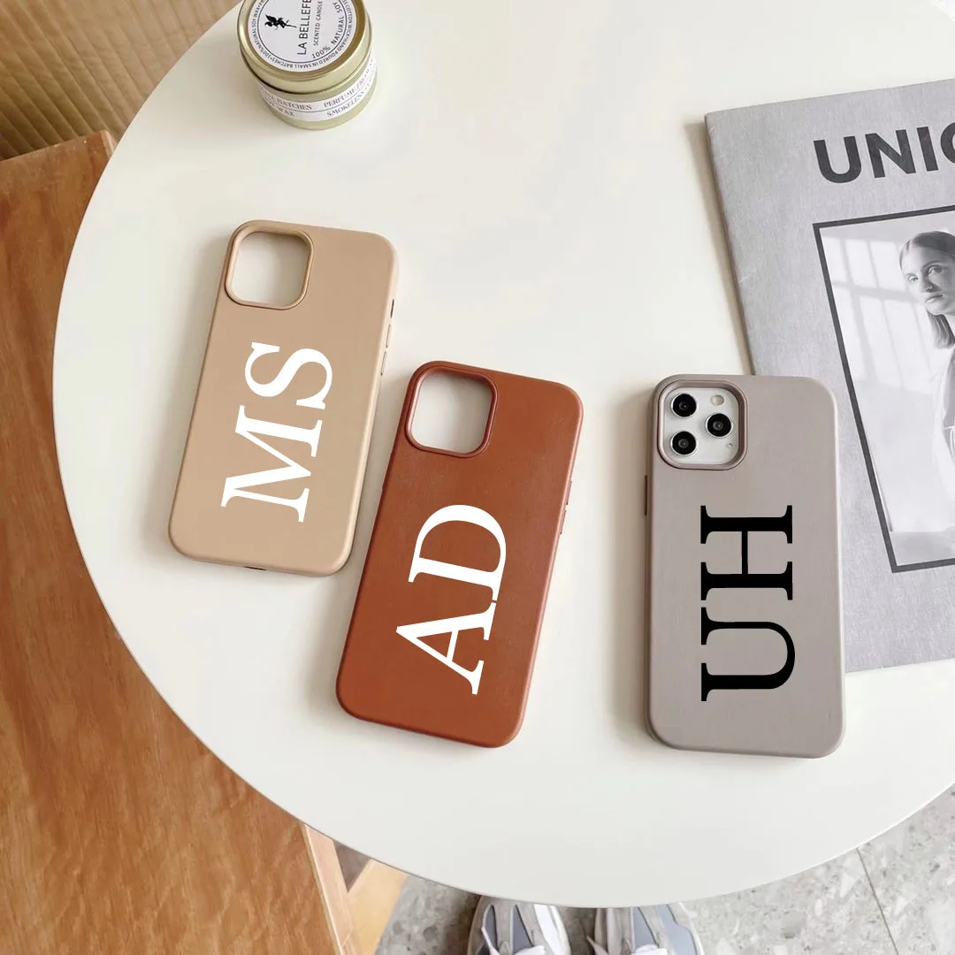 Capa de couro de luxo com letras iniciais personalizadas para iPhone, Sólido Personalize Nome PU Cover, 14 Pro Max, 13, 12, 11 Pro Max, XR, XS Max