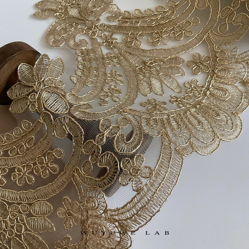 Delicate 1Yard Gold Embroidery White Mesh Lace Trim Diy Luxury Applique Flowers Garment Lace Fabric for Wedding Dresses 20cm