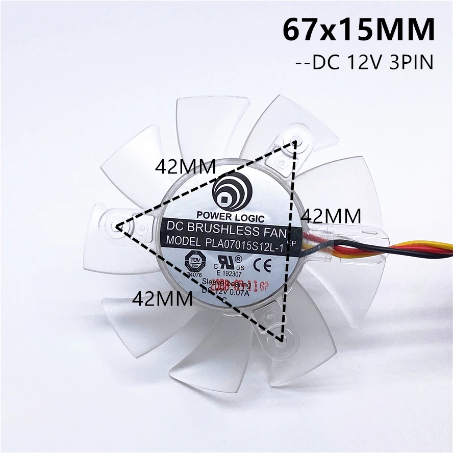 POWER LOGIC  7015 65m Graphics Card Fan 67MM Diameter 42mm Hole Pitch VGA Fan PLA07015S12L-1 DC12V 0.07A  3PIN