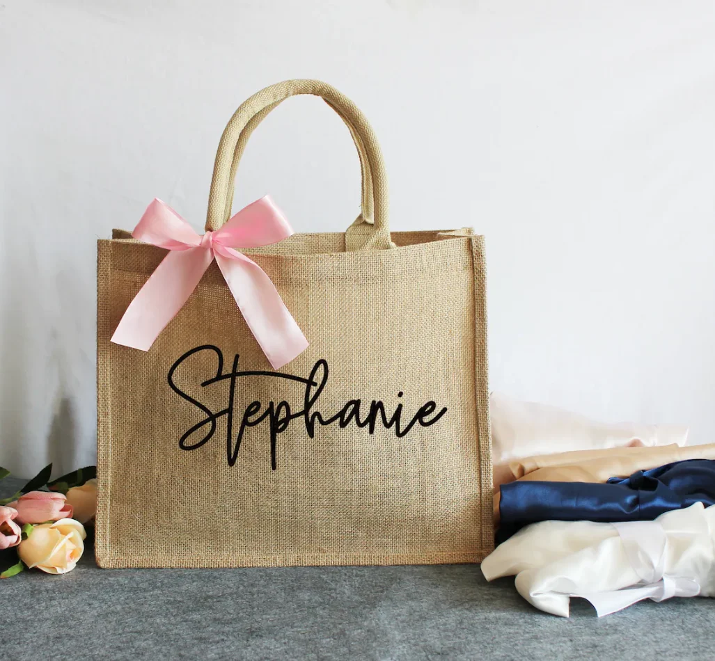 Burlap Tote Bags Personalized Bridesmaid Gift Bag Custom Name Bachelorette Party Beach Jute Bag Mother of Bride Wedding Favors g