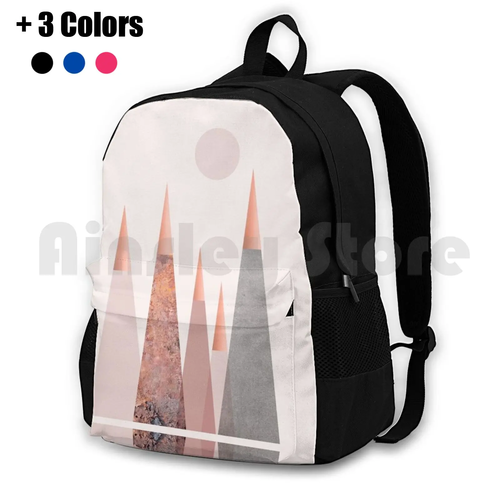 Blush And Copper Mountain Tops Outdoor Hiking Backpack Waterproof Camping Travel Geometric Scandinavian Pink Pink Grey Copper