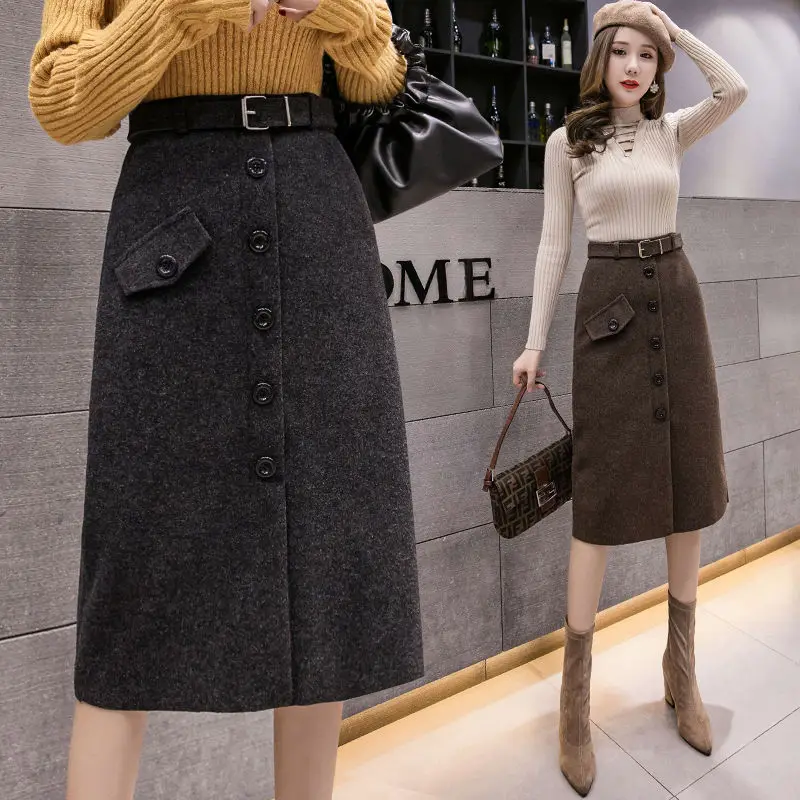 Woolen Skirt Women's Autumn and Winter Single Belt Long Slit A- line Skirt Woman Skirts Mujer Faldas Saias Mulher
