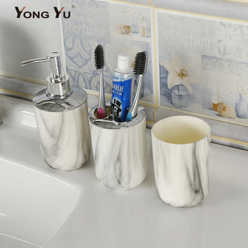 3pcs Plastic Marbled Bathroom Accessories Sets Soap Dispenser Cup Toothbrush Holder Set Home Decoration