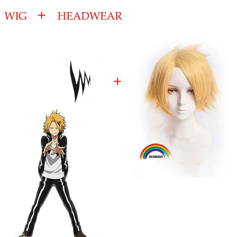 5pics Anime My Hero Academia Denki Kaminari Cosplay Wigs Short Golden Heat Resistant Synthetic Cosplay Wigs Black Lightening set