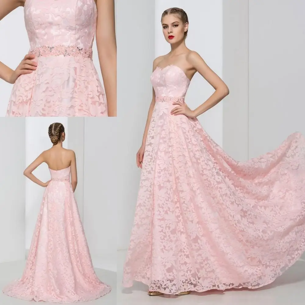 

Dramatic Sweetheart Beading Lace Pink Prom Dresses Vestidos de Festa Elegant Long Evening Party Gowns Girls Homecoming