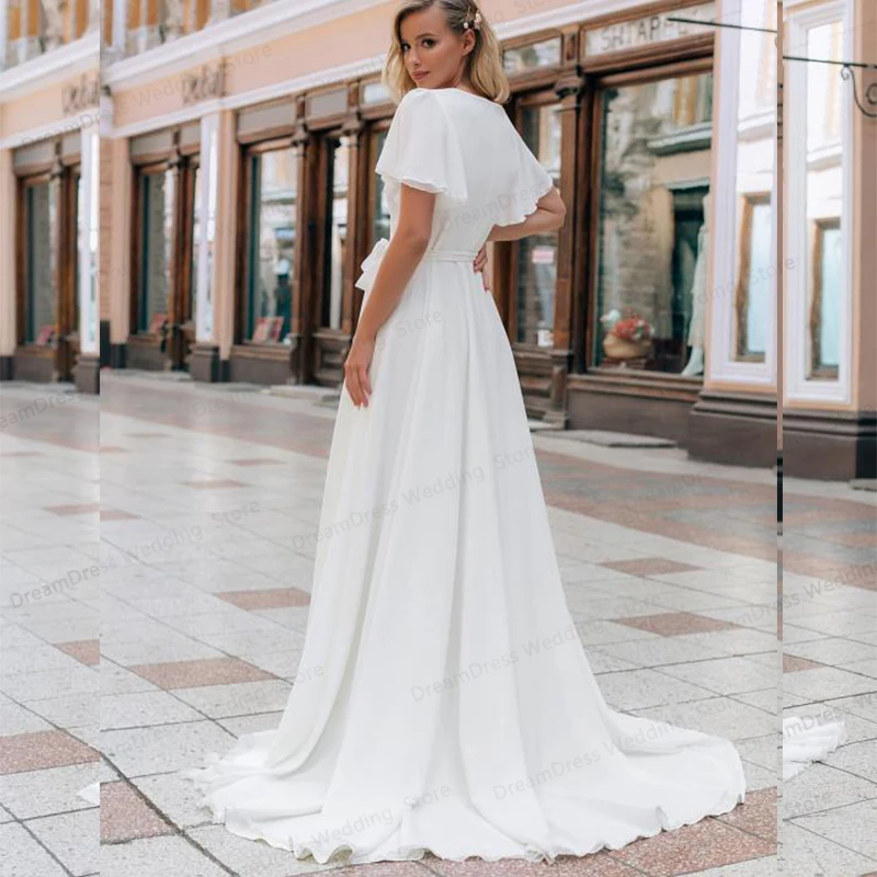 Chiffon A-line Strand Hochzeit Kleid 2021 Puff Hülse Sweep Dot Tüll Braut Kleid Nach Maß Prinzessin Hochzeit Kleider Boho