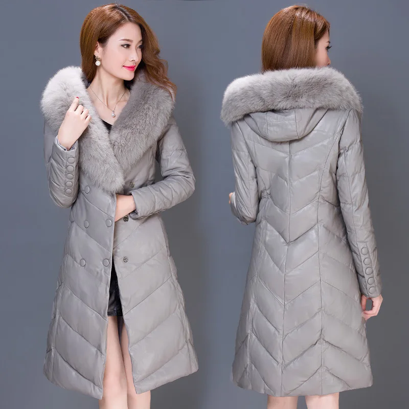 Leather Jackets Winter For Women Faux Sheep Skin Leather Jacket Artificial Fox Fur Collar White Duck Down Jacket Plus Size