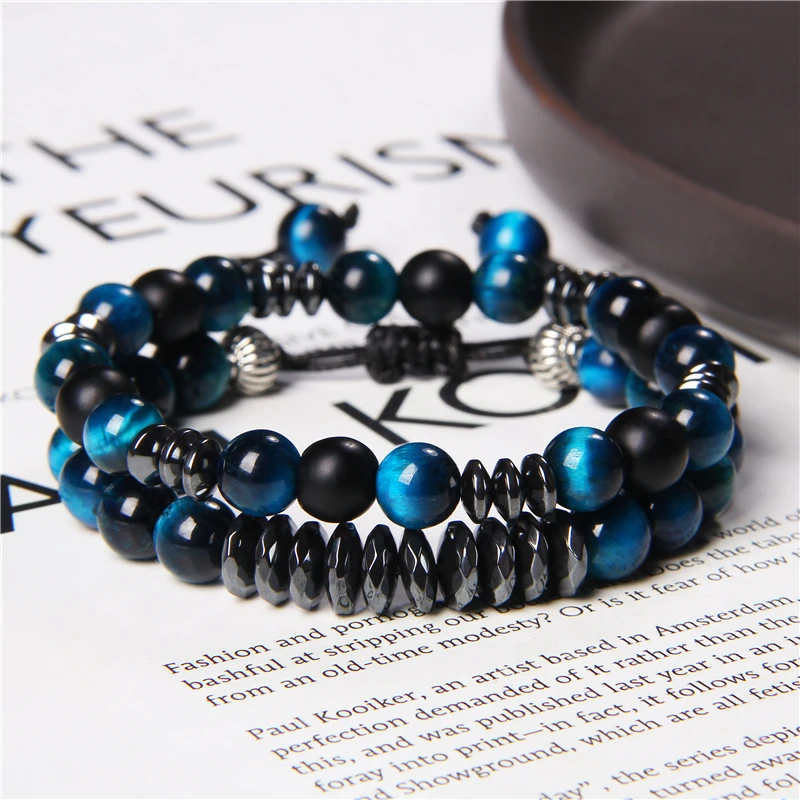 Men Bracelet 2 Layers Chain Bracelets Natural 8 mm Blue Tiger Eye Stone Beads Bangle Women Faceted Slice Hematite Charm Jewelry