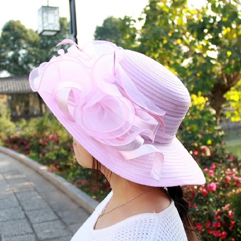 Red Women Charming Hat Wedding Kentucky Derby Hat Ladies Flower Hat Wide Brim Tweed Organza Visor Cap