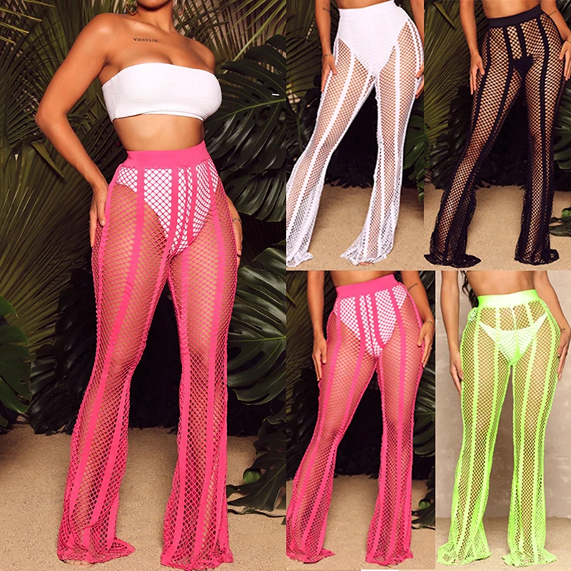 Women Hollow-out Mesh Pants, See Through Fishnet Cover-up Pant Bikini Bottoms Rave Festival Party Beach Clubwear