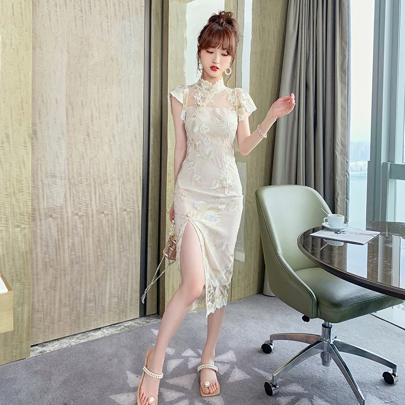 

Korean Fashion Vintage Dresses Summer 2021 Ladies Short Sleeve Split Corset Dress for Woman Embroidery Bodycon Midi Dress Women