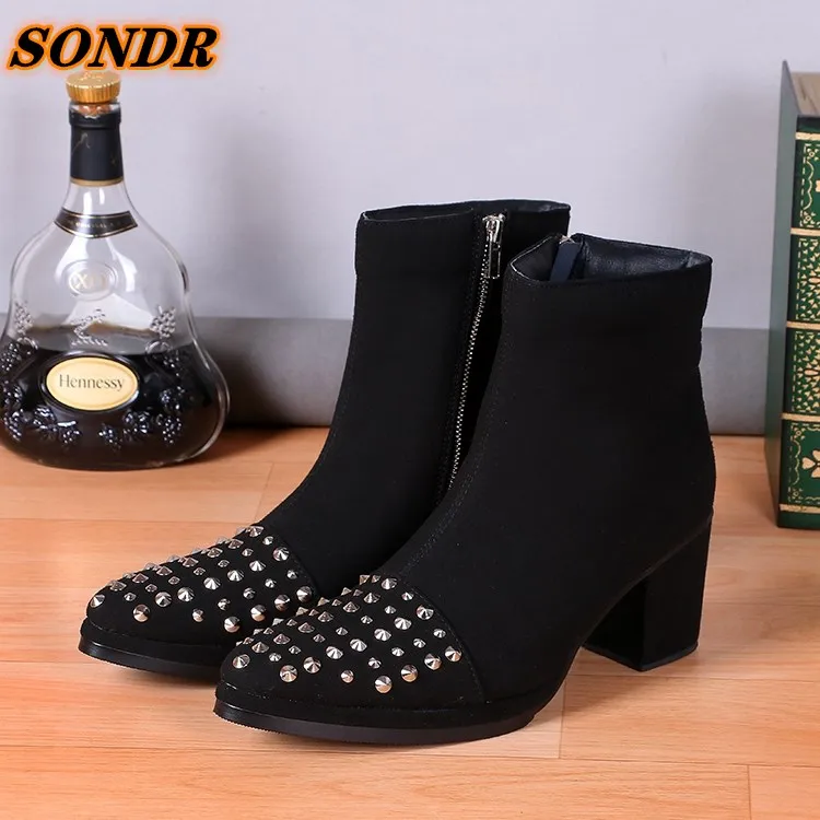 

Men Fashion Ankle Boots Glitter Genuine Leather British Style Round Toe Rivets High Heels Casual Men Dress Shoes Botas Hombre