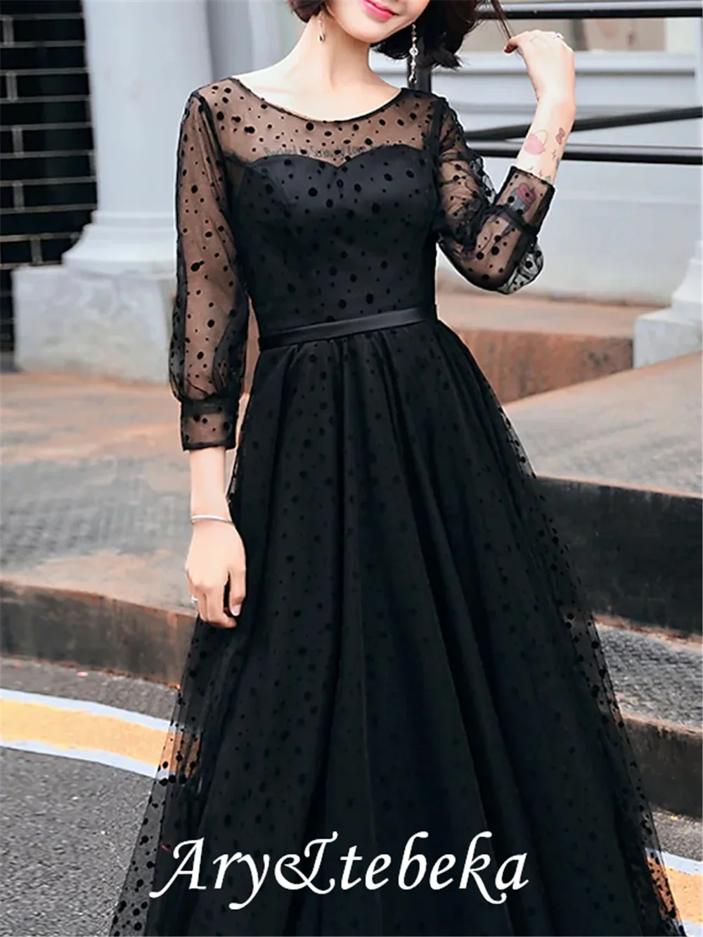 Gaun Malam Formal Tamu Pernikahan Boho Elegan A-Line Tulle Leher Permata dengan Selempang/Pita Lipit Polka Dot 2021