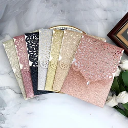 25/50Pcs Glitter Paper Wedding Invitations Card Lace Diamond Pocket Greeting Card Custom Print Birthday Mariage Party Decoration