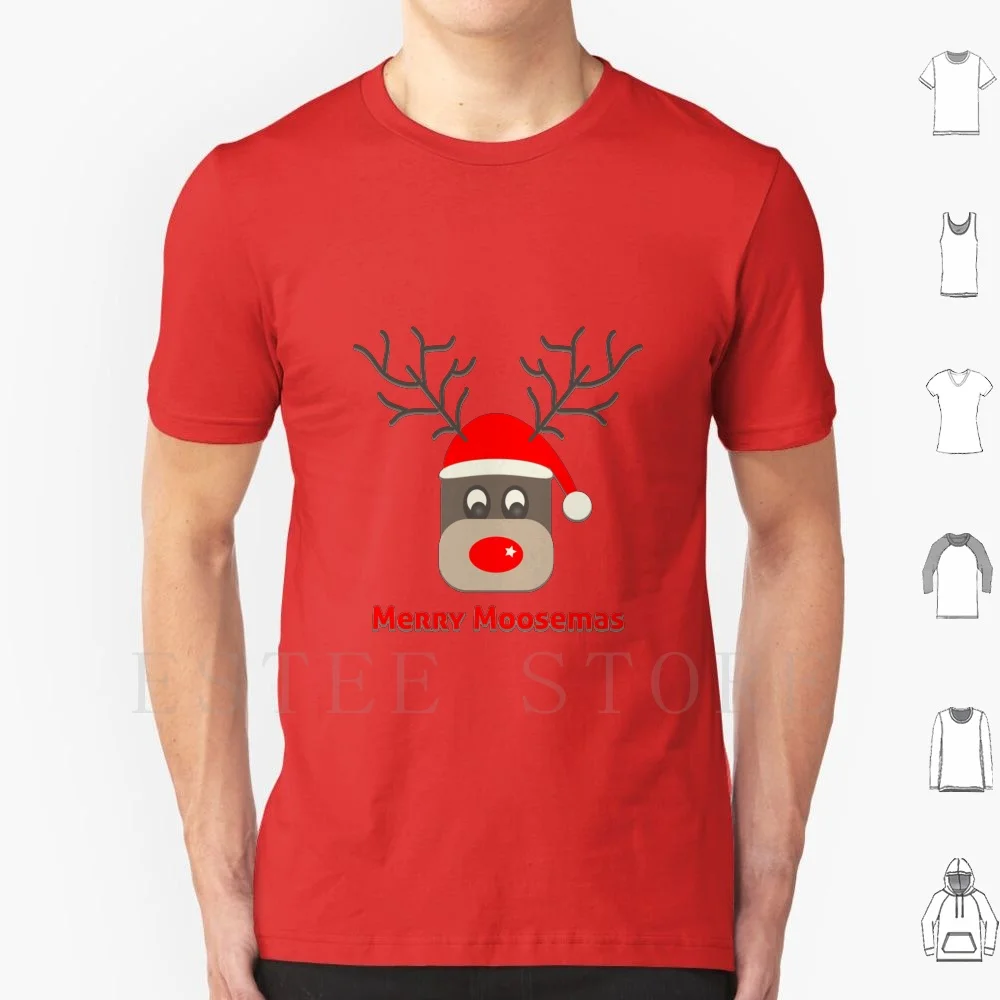 Merry Moosemas T Shirt DIY Big Size 100% Cotton Moose Reindeer Fun Cute Animal Humor Red Nose Stripes Chirstmas Merry