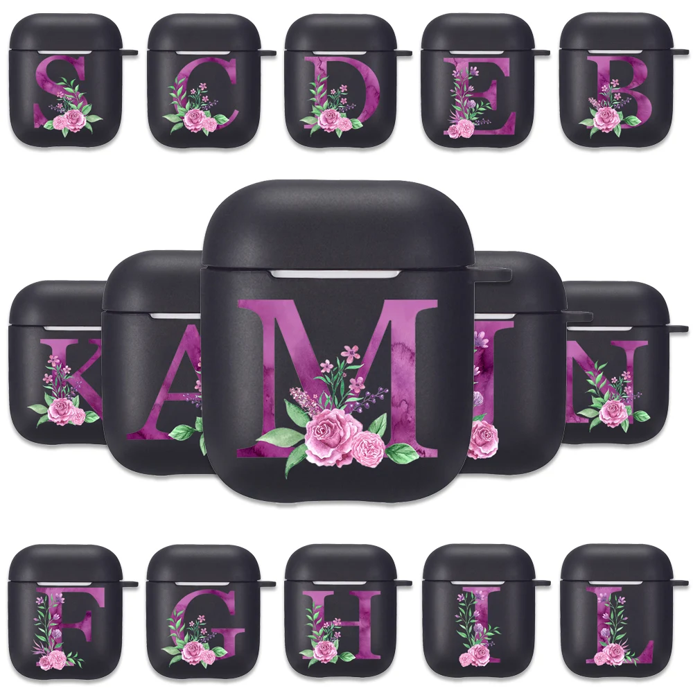 Purple Rose Bouquet Letter Black Silicone Case for Apple Airpods 1 2 Cases Floral A-Z Alphabet Soft Airpods Earphone Cover