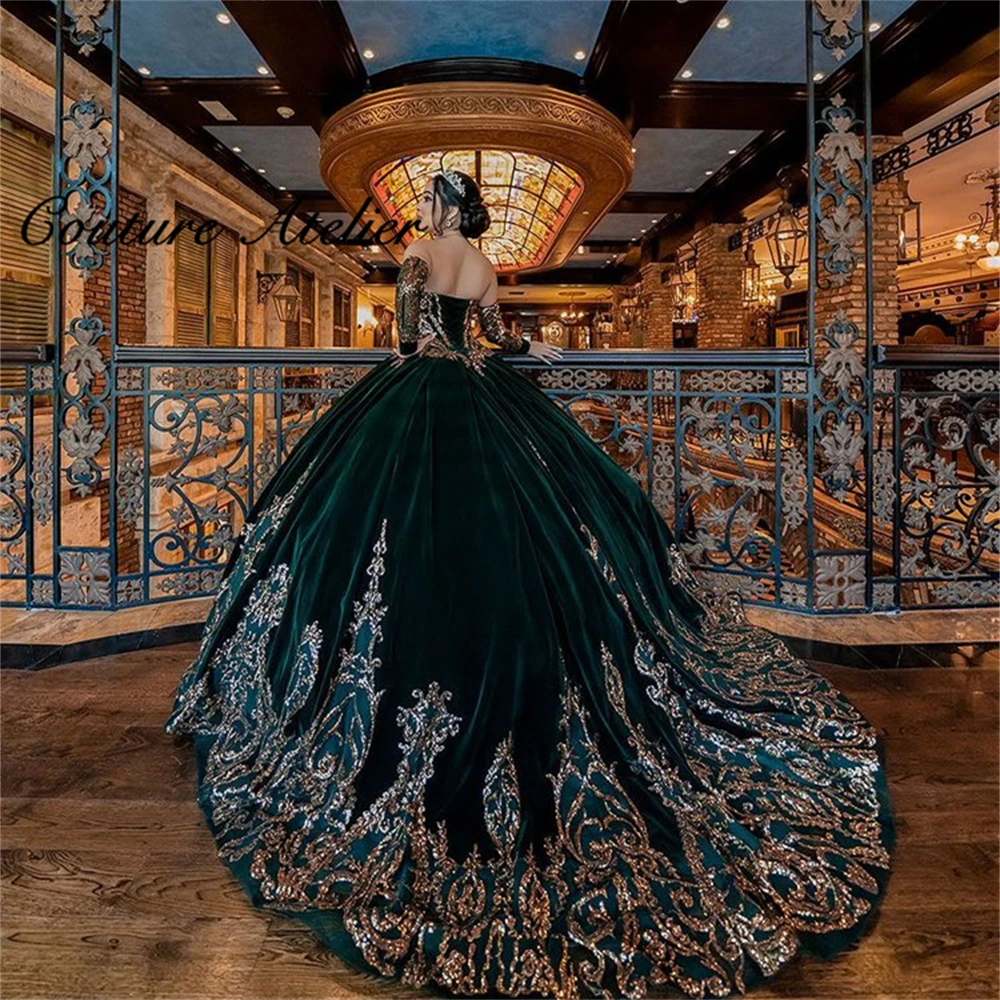 Dark Green Velvet Gold Sequin Applique Ball Gown Quinceanera Dresses Three Quarter Sleeves Sweet 15 16 Dress Corset vestidos