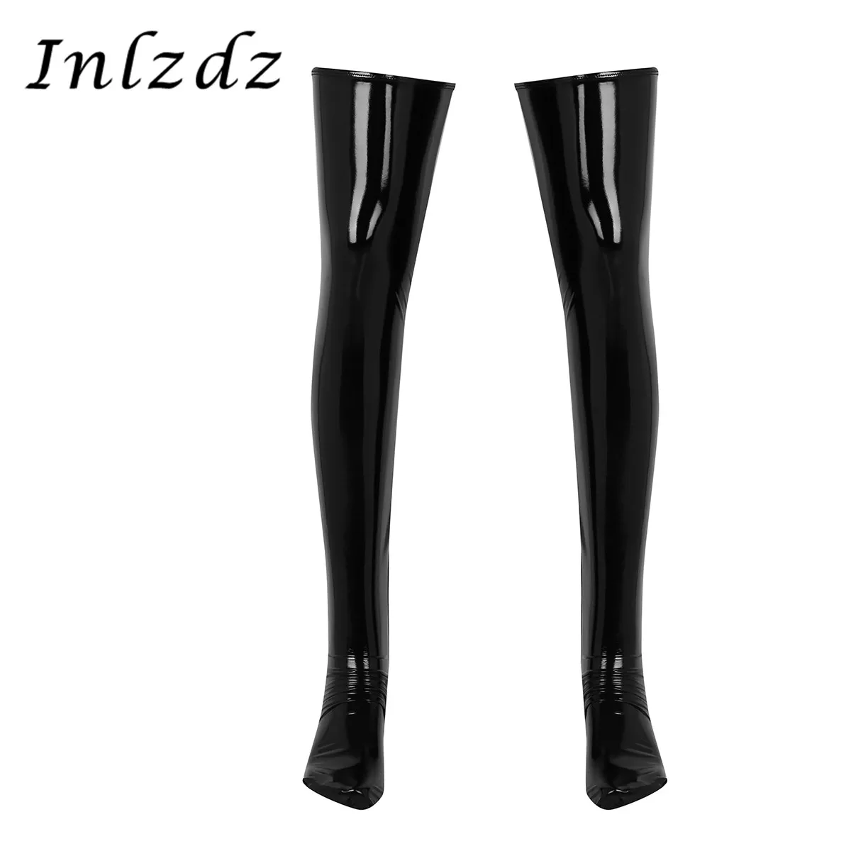 

1 Pair Mens Lingerie Cosplay Costume Accessory Stockings Anti-skid Wetlook Patent Leather Thigh High Footed Stockings Clubwear