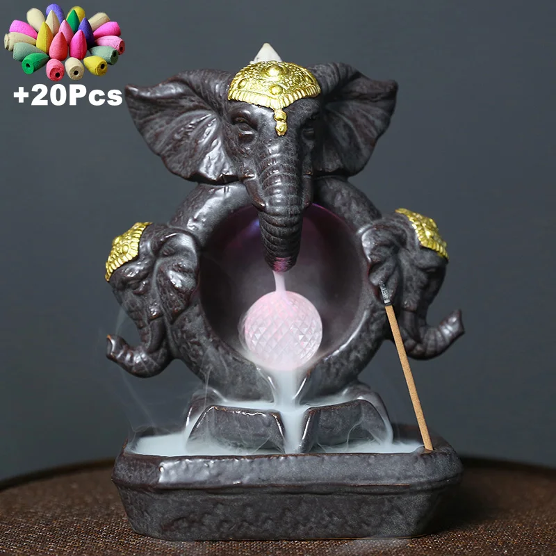 New Lucky Feng Shui Elephant God Statue Home Decoration Handicraft Ceramic Waterfall Incense Burner With Led Color Changing Ball