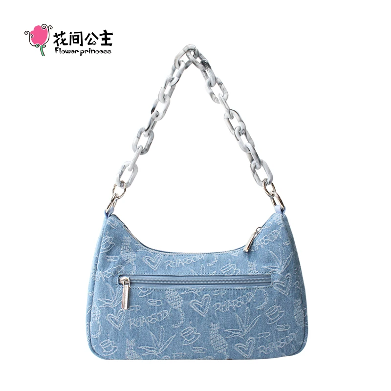 Flower Princess Rhapsody Women\'s All-Match Jacquard Denim Acrylic Handbag Crossbody Shoulder Underarm Small Bag Bags