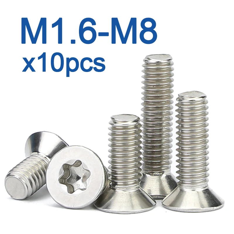 10pcs/lot Six-Lobe Torx Flat Countersunk Head Screw Bolt M1.6 M2 M2.5 M3 M4 M5 M6 M8 304 A2-70 stainless steel GB2673