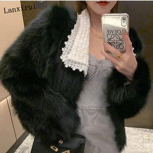 Ladies Jacket Full Fur Fake Fox Fur Coat Winter Warm Fashion Round Lace Neck Leather Rrass Short Jacket Outwear