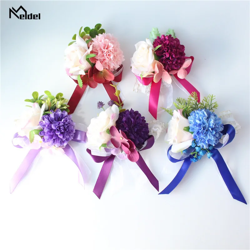 Meldel Wit Paars Bruiloft Armband Voor Bruidsmeisjes Bruiloft Corsage Pin Bloemen Zijde Rozen Bruidegom Boutonniere Corsages Bruiloft