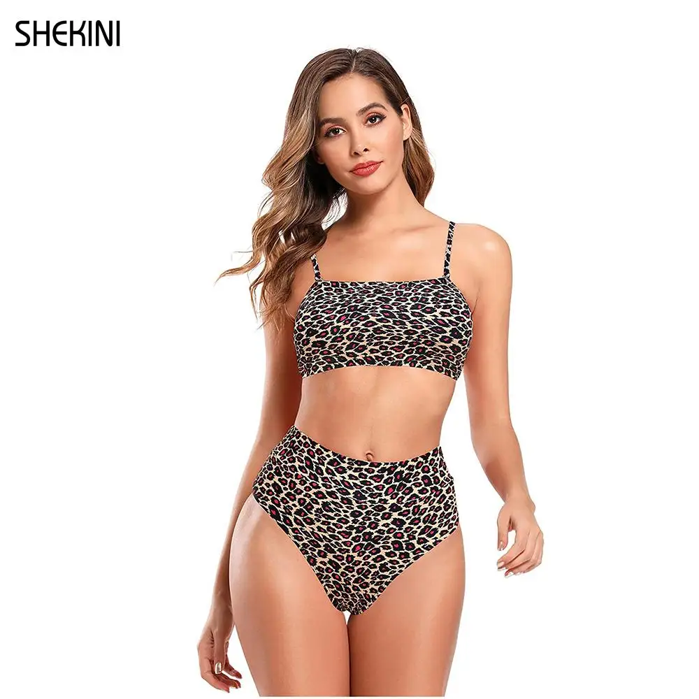 

SHEKINI Women's Leopard Print Bandeau Bikini High Waisted Swim Bottom Two Piece Swimsuits Bathing Suits Summer Beach Swimwear