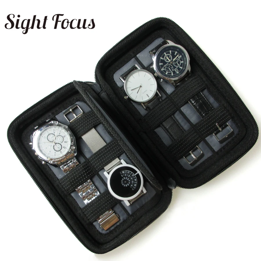 Black Hard shell 4 Slot Watch Box Organizer Portable Watch Strap band Organizer Bags Waterproof Travel Watch Storage Zipper Case