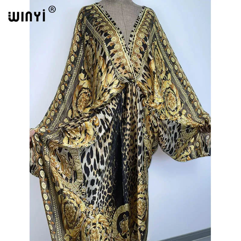 Sexy bech high-quality hand-rolled feel silk rayon fashion print 2021 WINYI Maxi women\'s robes long beach V-neck Bohemian dress