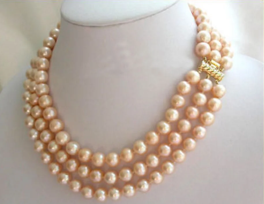 

3 Rows 8-9mm Round Pink South Sea Pearls Necklace 17''18''19''