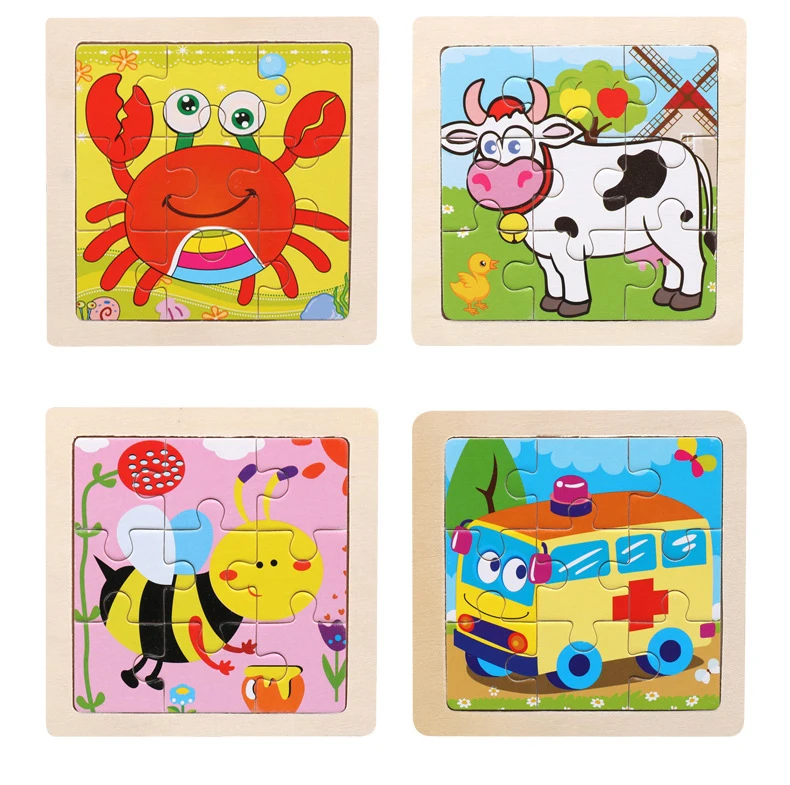 11*11Cm 3D Houten Puzzel Baby Speelgoed Cartoon Dier Verkeer Tangram Puzzel Vroeg Leren Educatief Speelgoed Voor kinderen