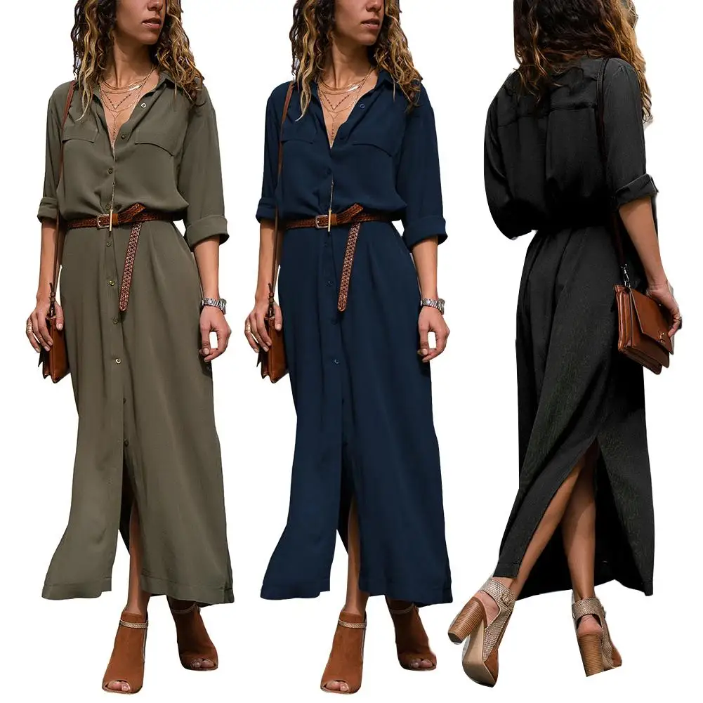 Ladies Solid Color Long Sleeve Single-breasted Split Swing Shirt Loose Casual Dress (S-3XL) [With Belt]