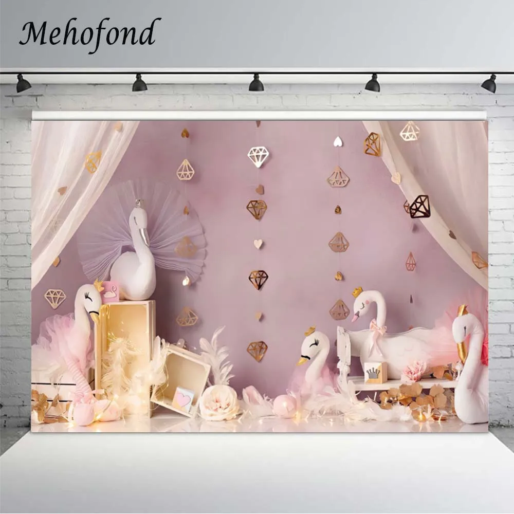 Mehofond Pink Swan Backdrop Girl Birthday Party Decor Feather Gold Diamond Newborn Portrait Photography Background Photo Studio