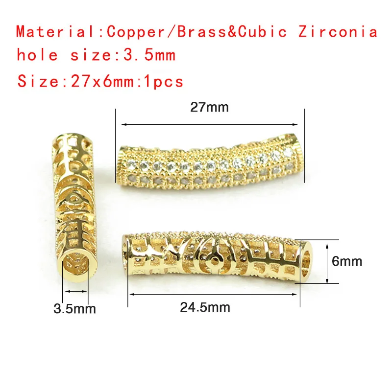 YHBZRET White Pave Zircon Long bend tube Copper 27mm Cylinder Metal Spacer Loose beads for Jewelry making bracelet DIY findings