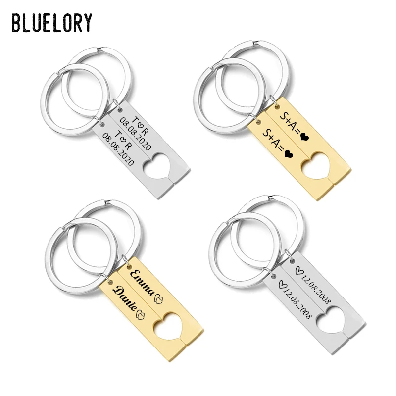 

Bluelory Customized Couple Heart Keychains 1 Pair Stainless Steel Engrave Date Name Keyring For Lover's Anniversary Gift